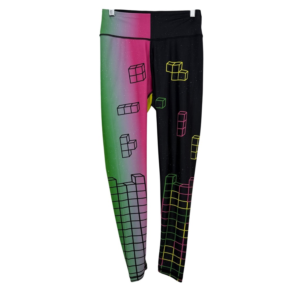 Feed Me Fight Me Leggings Womens Small Multicolor Tetris Block Print Activewear